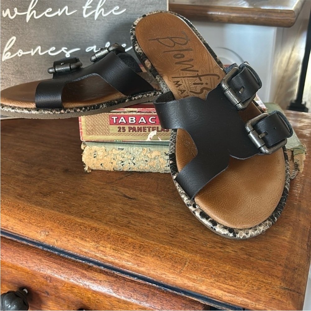 Blowfish Malibu Dune Rori Black Leather Sandals. Women’s Sz-6.5 Snakeskin Border